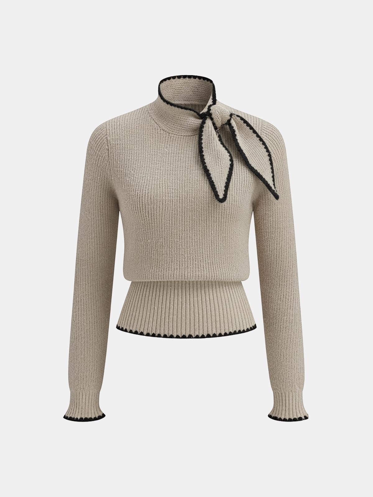 Mock Neck Tie Neck Contrast Stitch Sweater-Chicvia