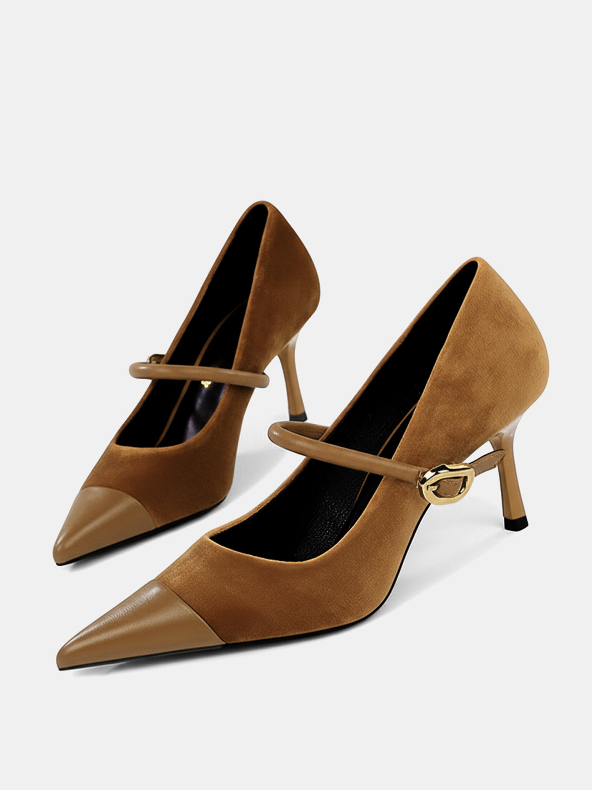 Faux Suede Pointed-Toe Mary Jane Pumps-Chicvia