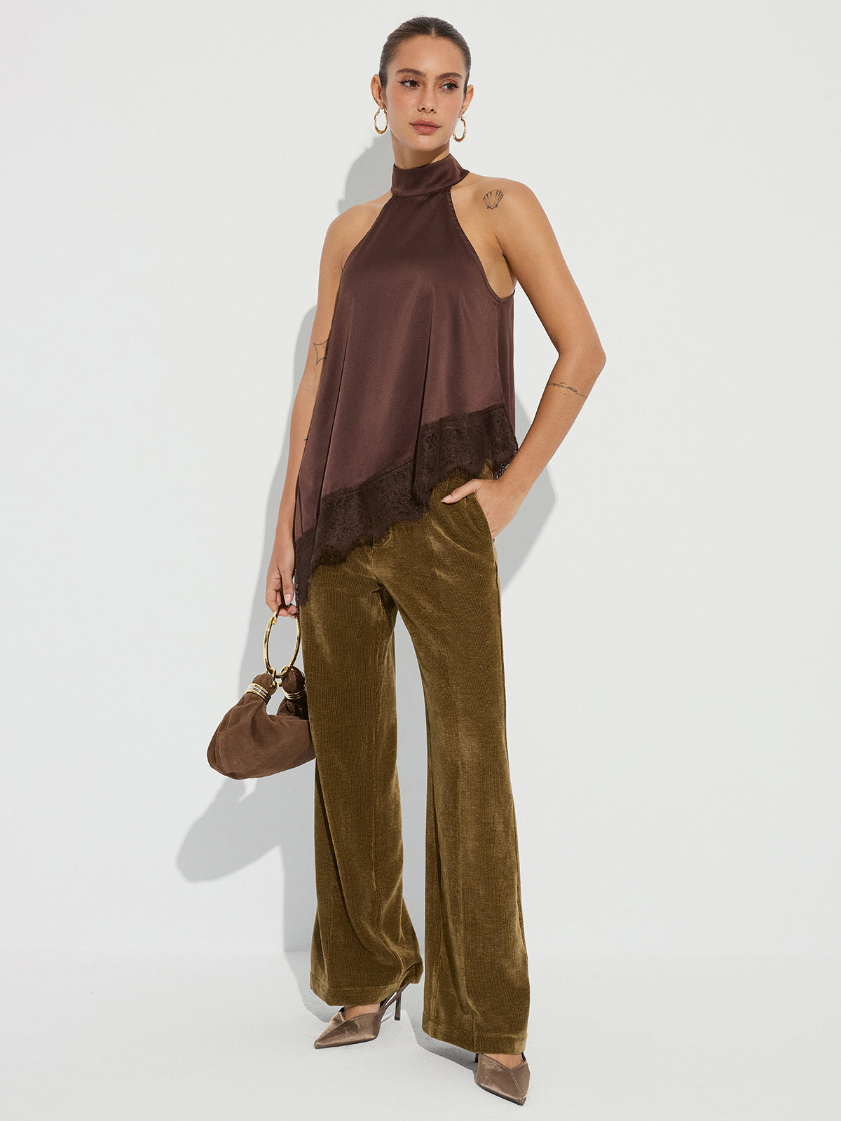 Mid-Waist Velvet Wide-Leg Pants-Chicvia