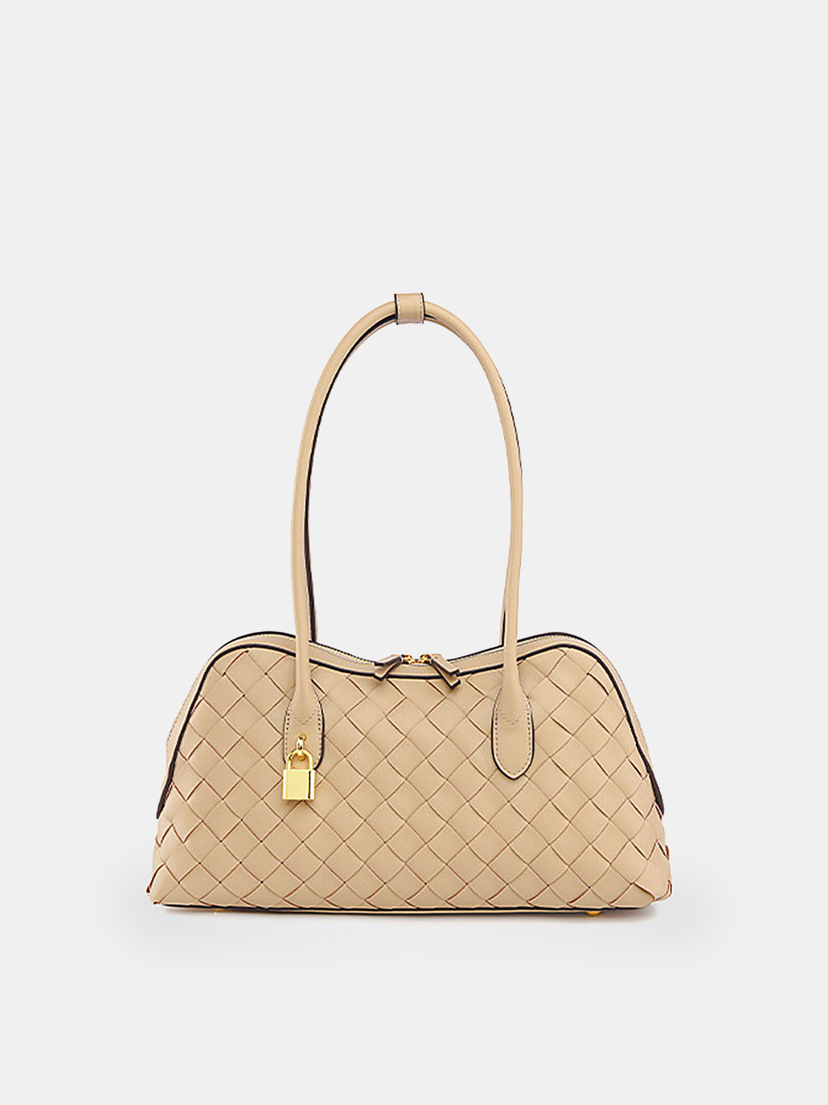 Golden Lock Detail Woven Shoulder Bag-Chicvia