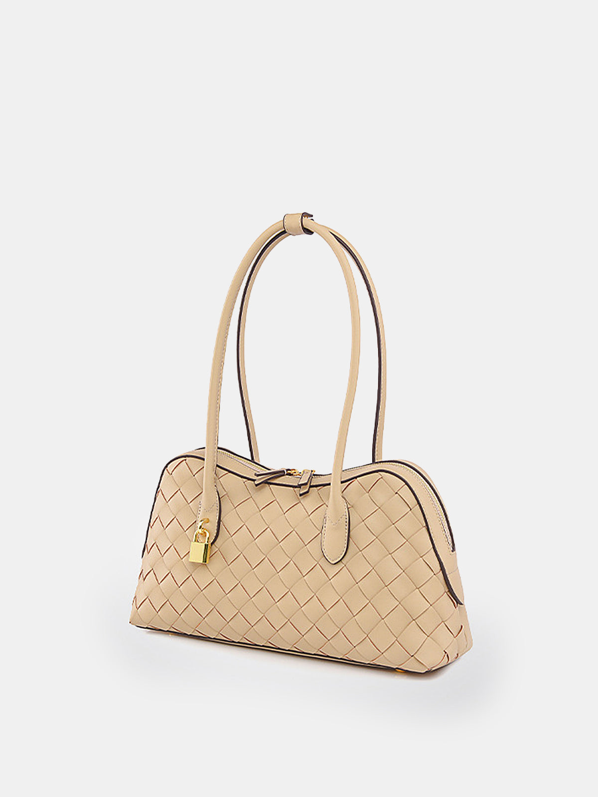 Golden Lock Detail Woven Shoulder Bag-Chicvia
