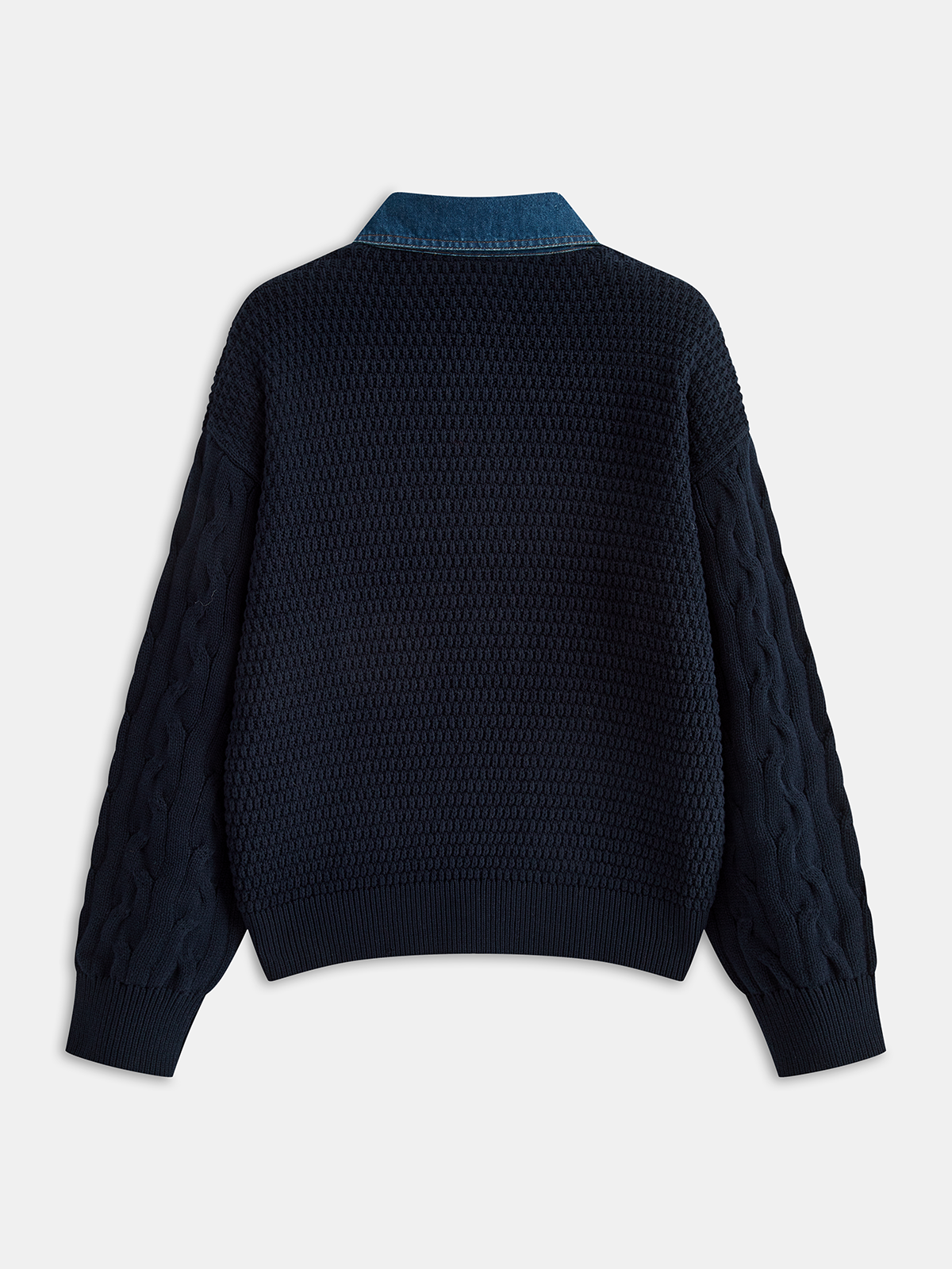 Denim Panel Polo Collar Cable Knit Sweater-Chicvia