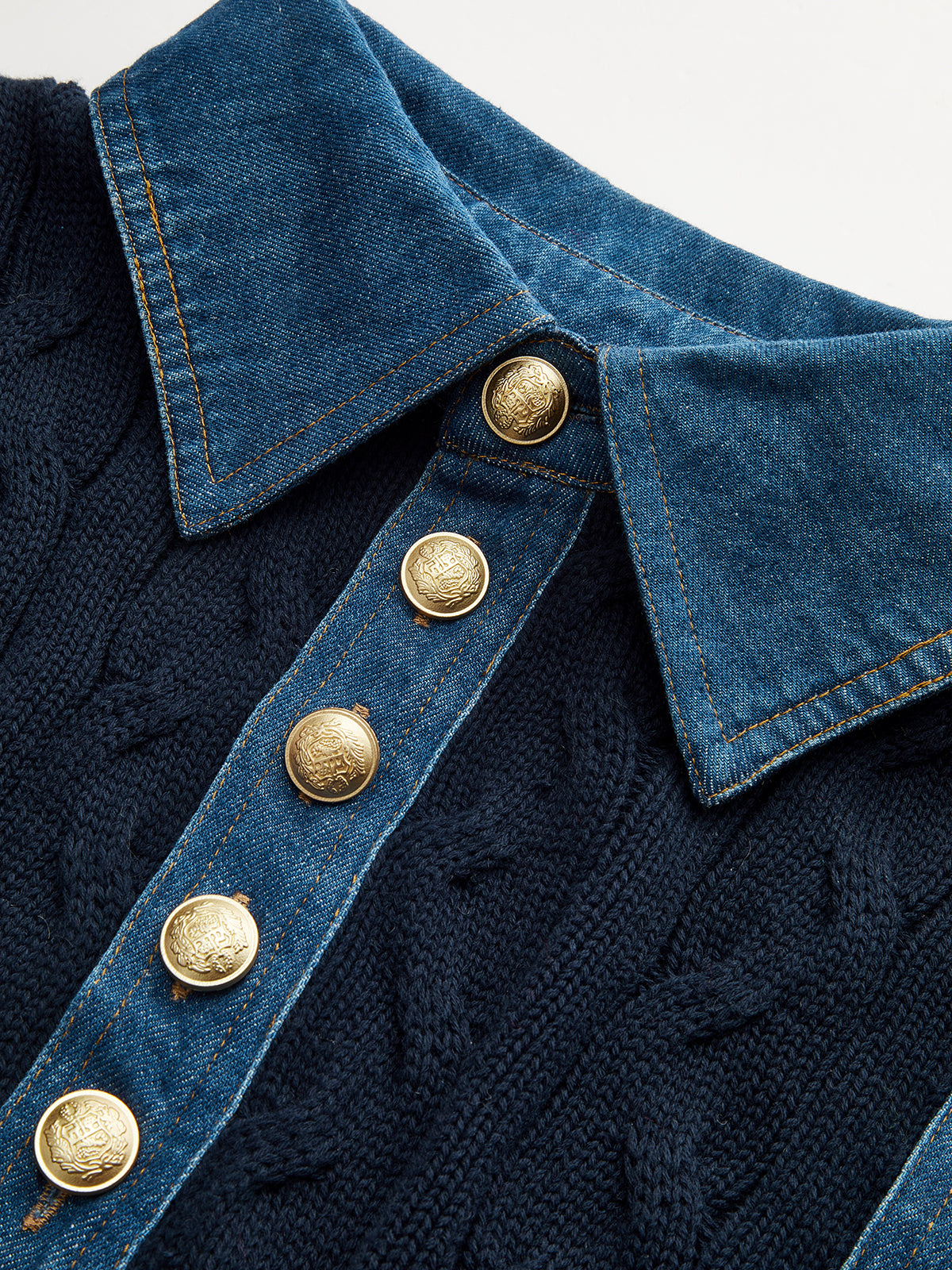 Denim Panel Polo Collar Cable Knit Sweater-Chicvia
