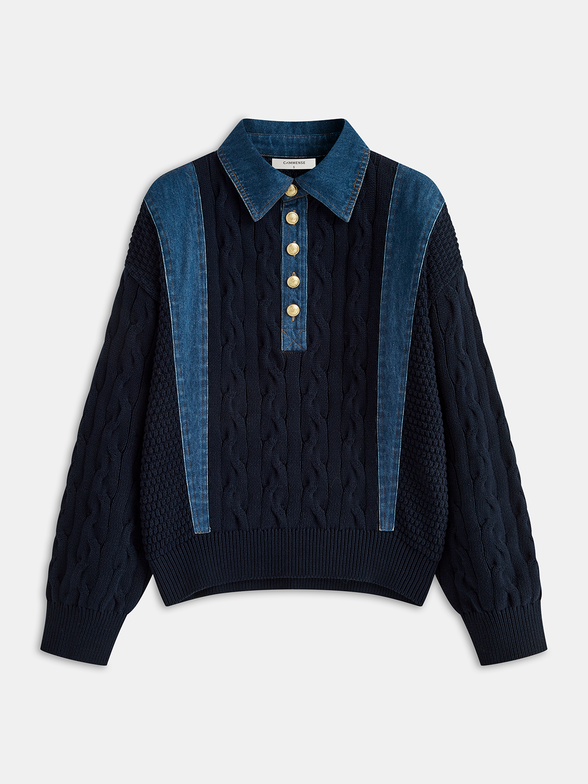 Denim Panel Polo Collar Cable Knit Sweater-Chicvia