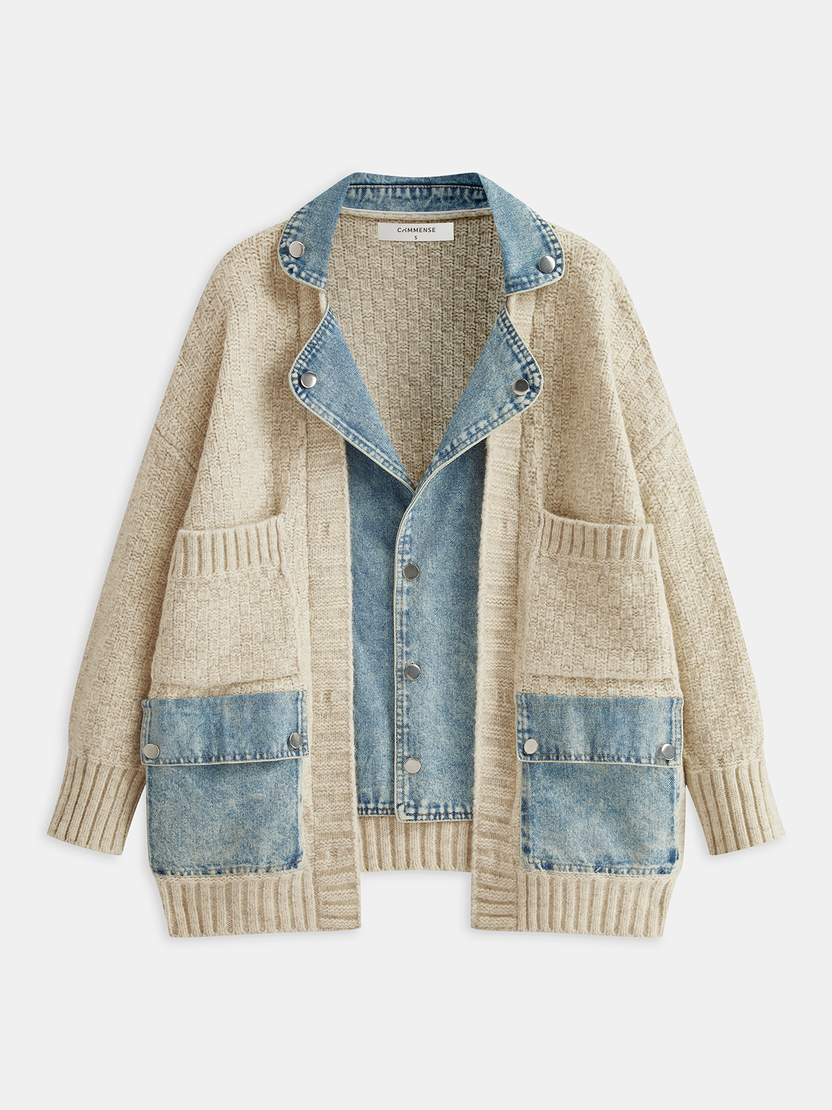 Denim Panel Utility Pocket Knit Cardigan-Chicvia