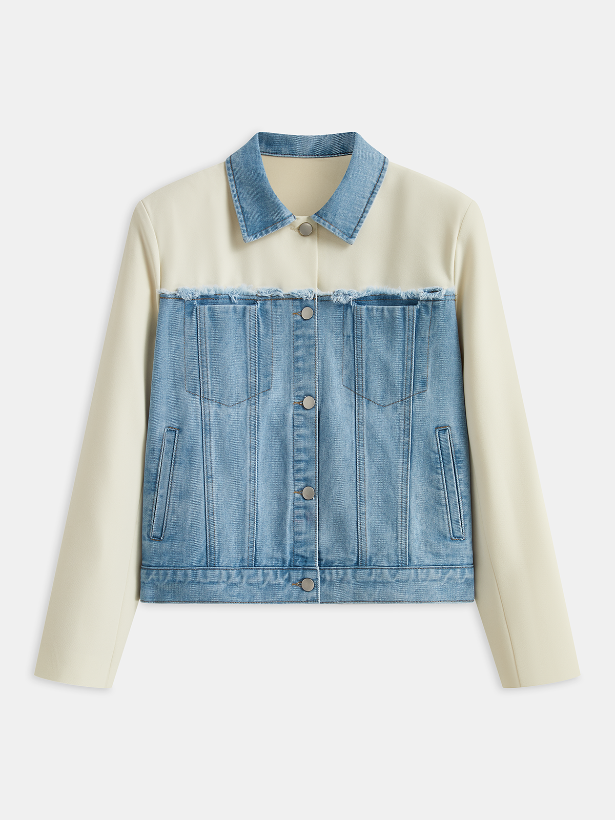Distressed Detail Denim Paneled Jacket-Chicvia