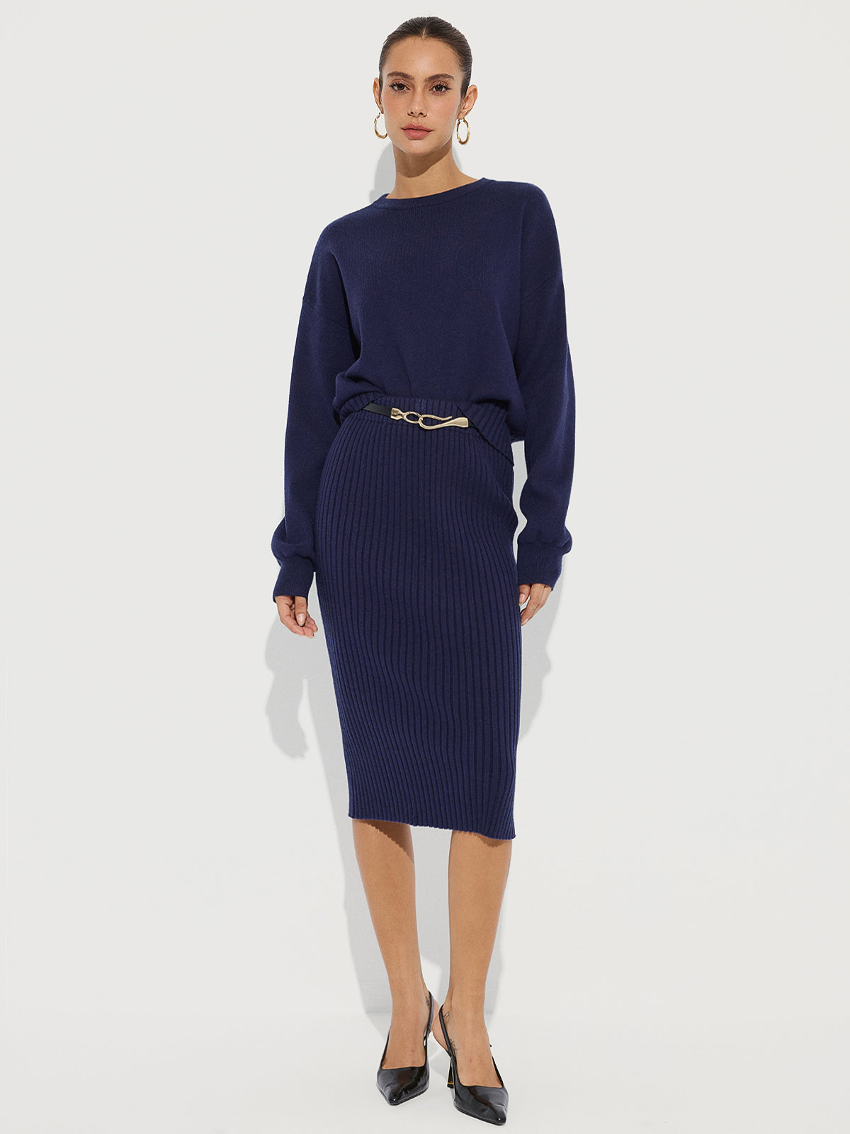 Crew Neck Knit Sweater and Ribbed Midi Skirt-Chicvia
