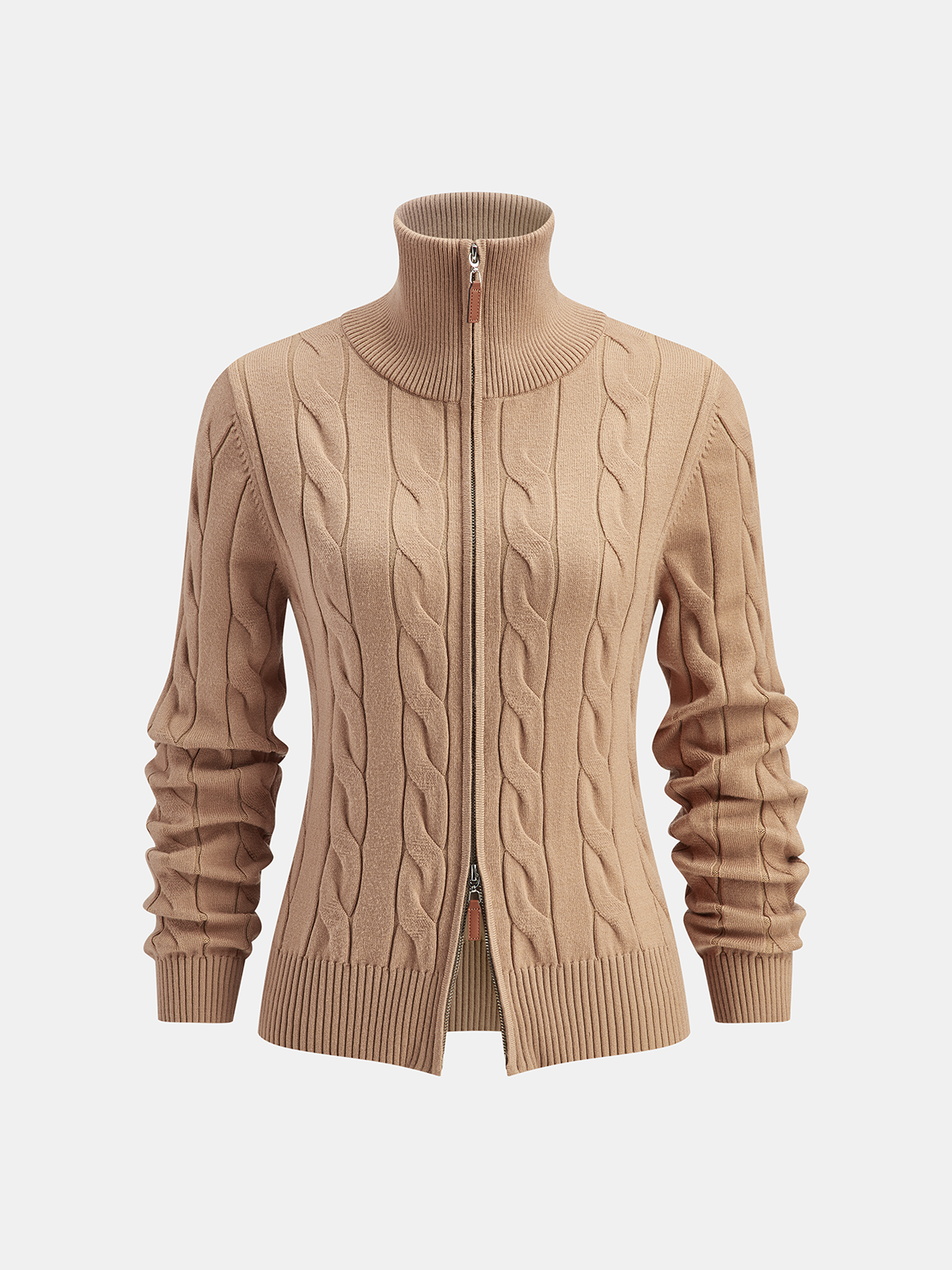 Cable Knit Zip-Up Cardigan-Chicvia