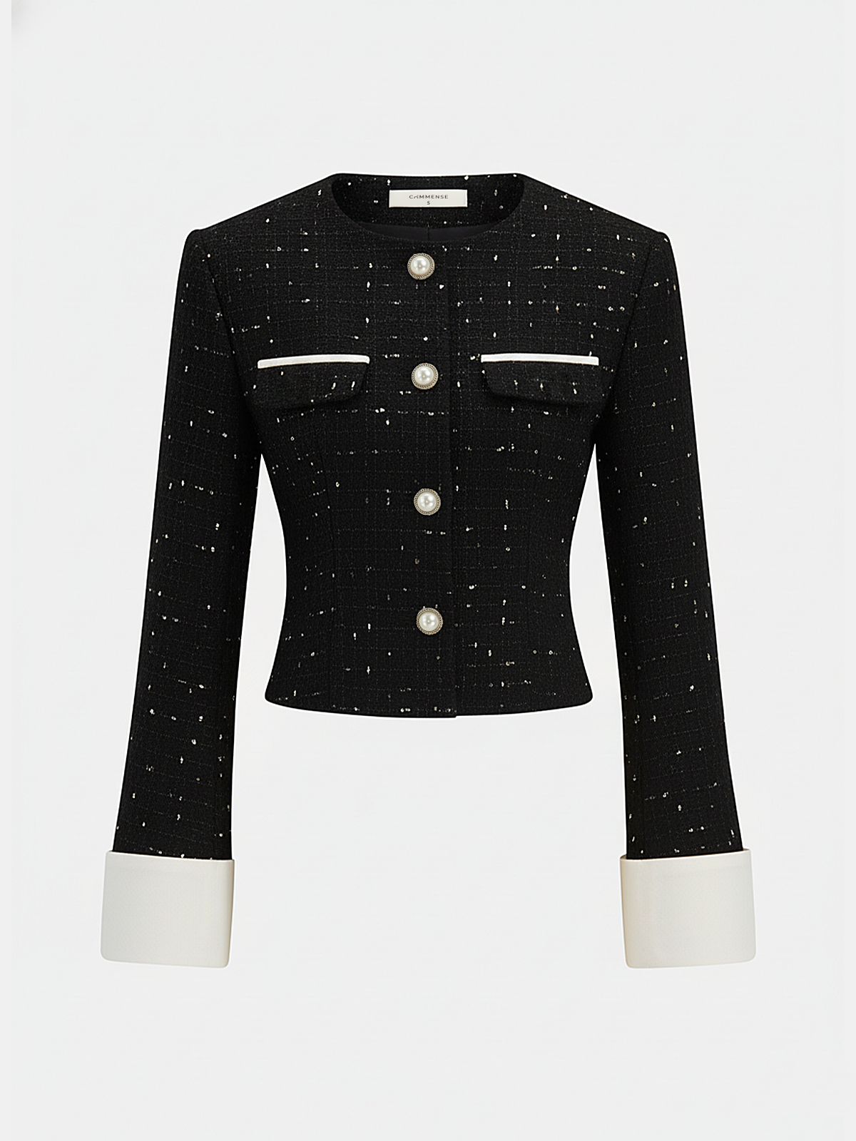 Contrast Cuff Pearl Button Tweed Jacket-Chicvia