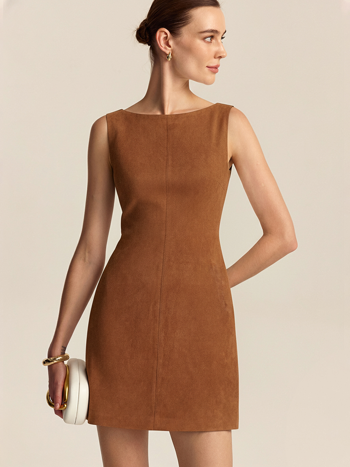 Faux Suede Sleeveless Mini Dress-Chicvia