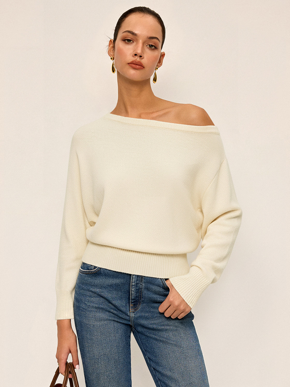 Off-Shoulder Knit Sweater-Chicvia