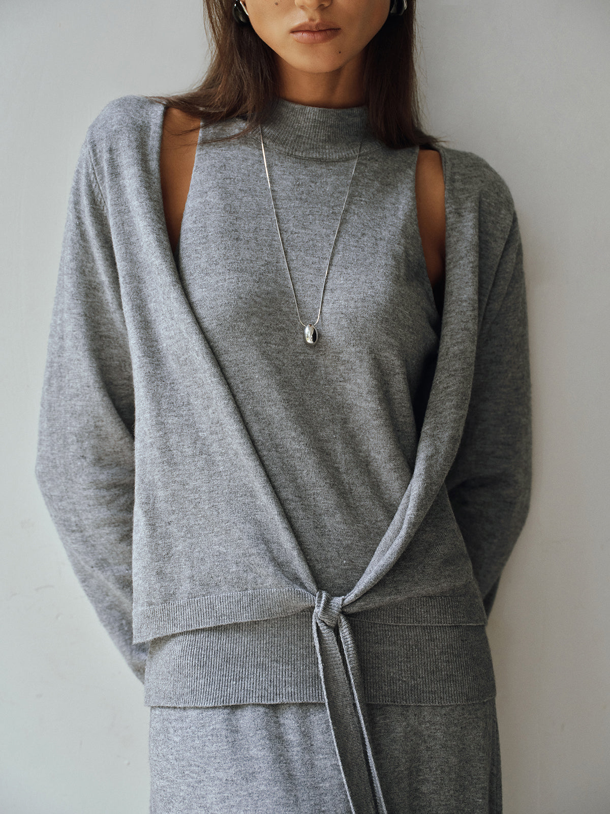 Knit Cut-Out Tie Waist Top and Skirt Set-Chicvia