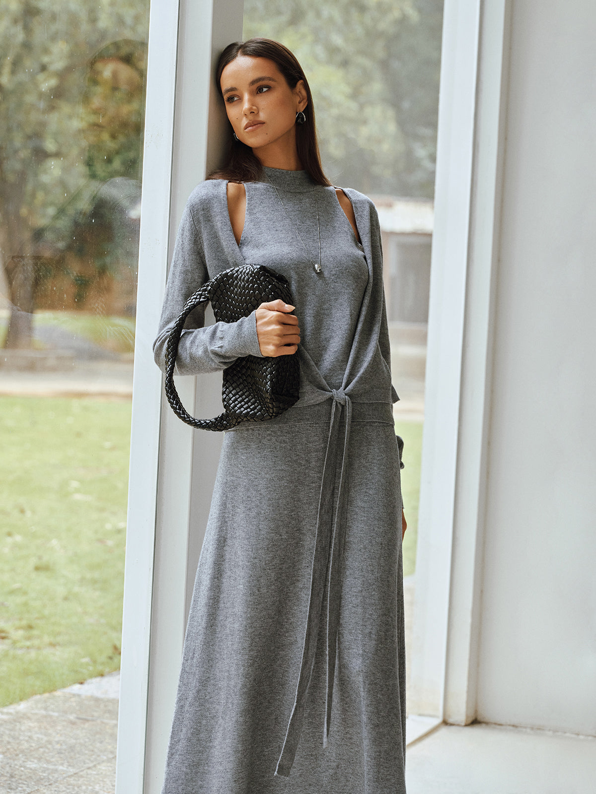 Knit Cut-Out Tie Waist Top and Skirt Set-Chicvia