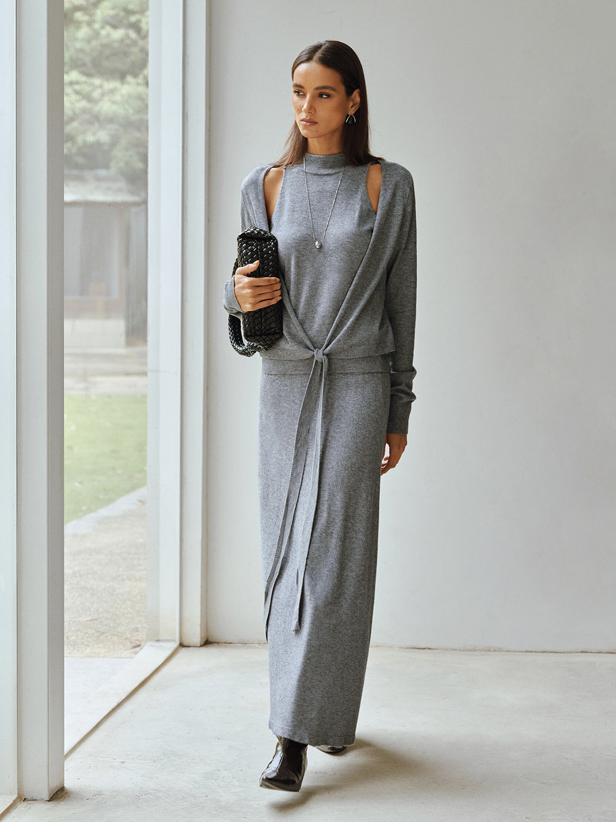 Knit Cut-Out Tie Waist Top and Skirt Set-Chicvia