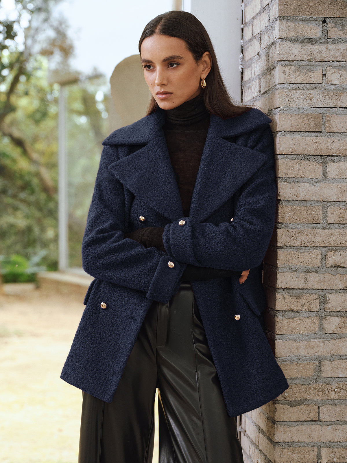 Double-Breasted Lapel Tweed Blazer-Chicvia