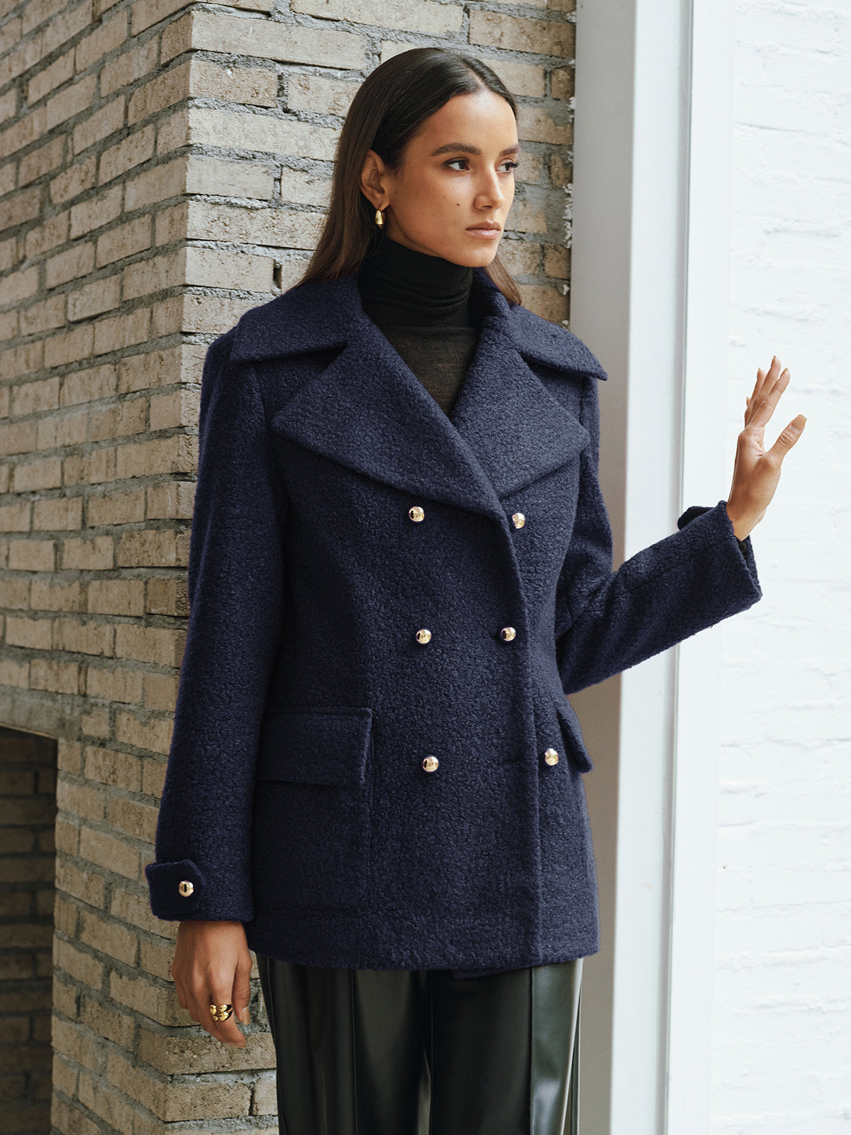 Double-Breasted Lapel Tweed Blazer-Chicvia