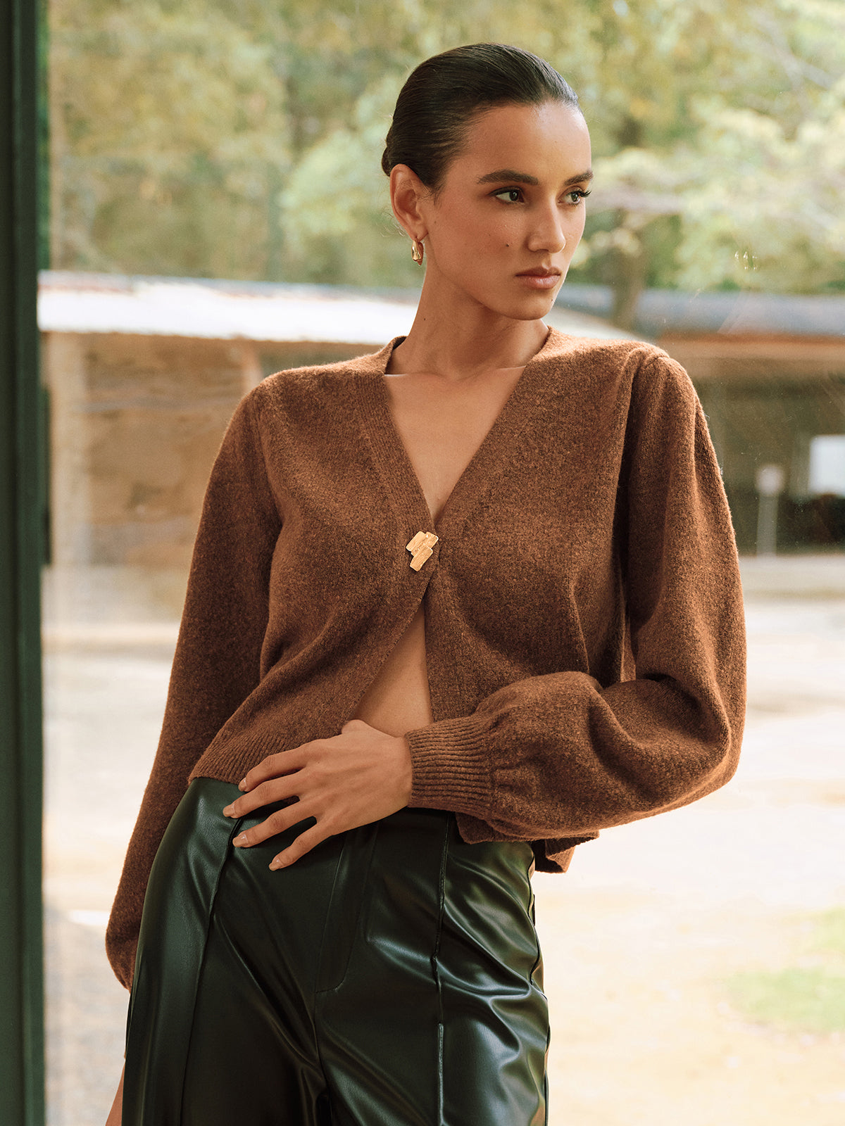 Metal Button V-Neck Knit Cardigan-Chicvia