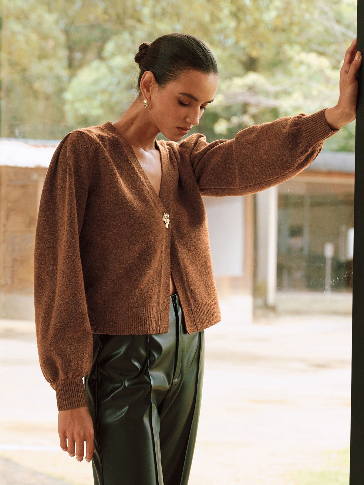 Metal Button V-Neck Knit Cardigan-Chicvia