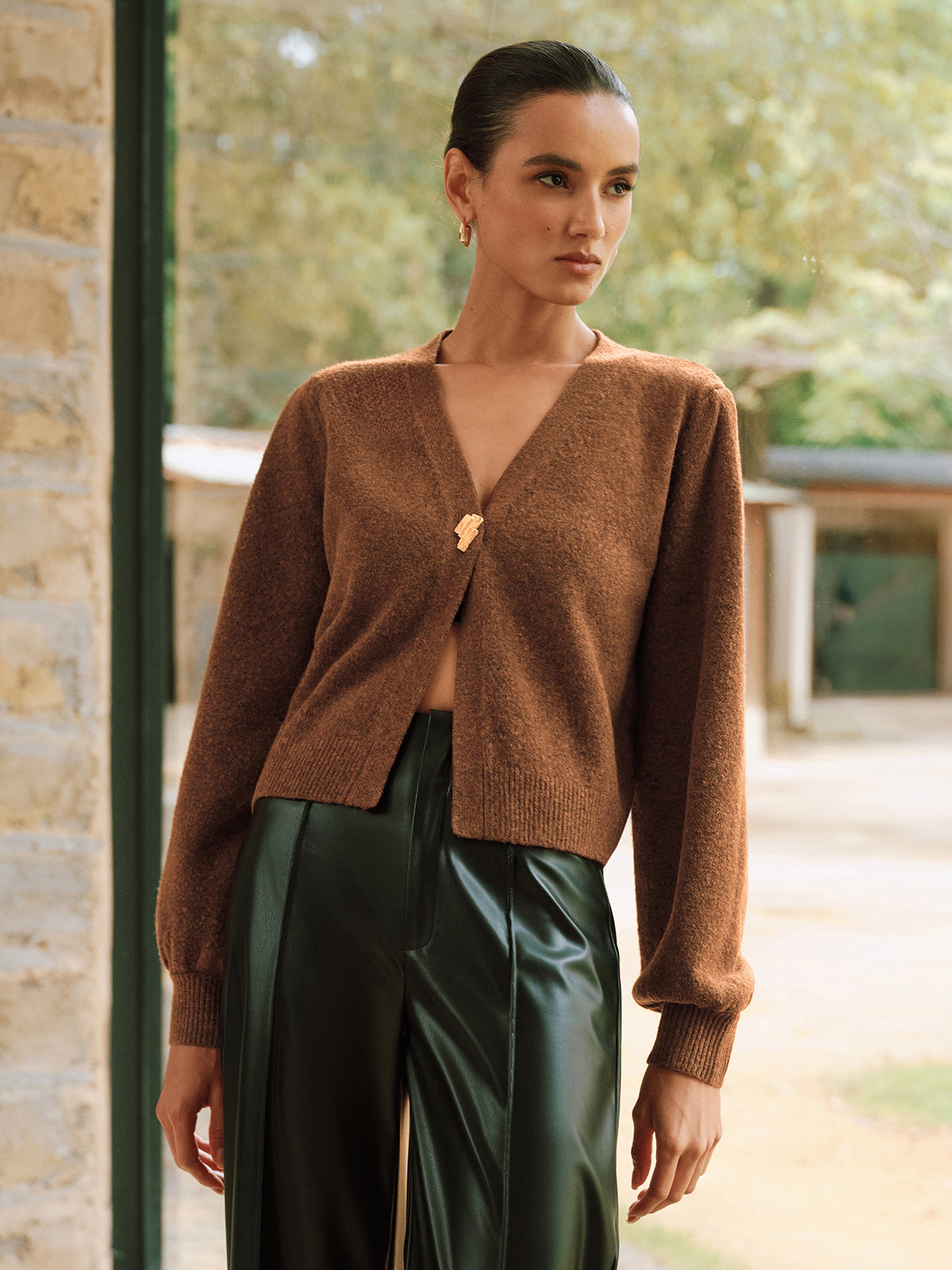 Metal Button V-Neck Knit Cardigan-Chicvia