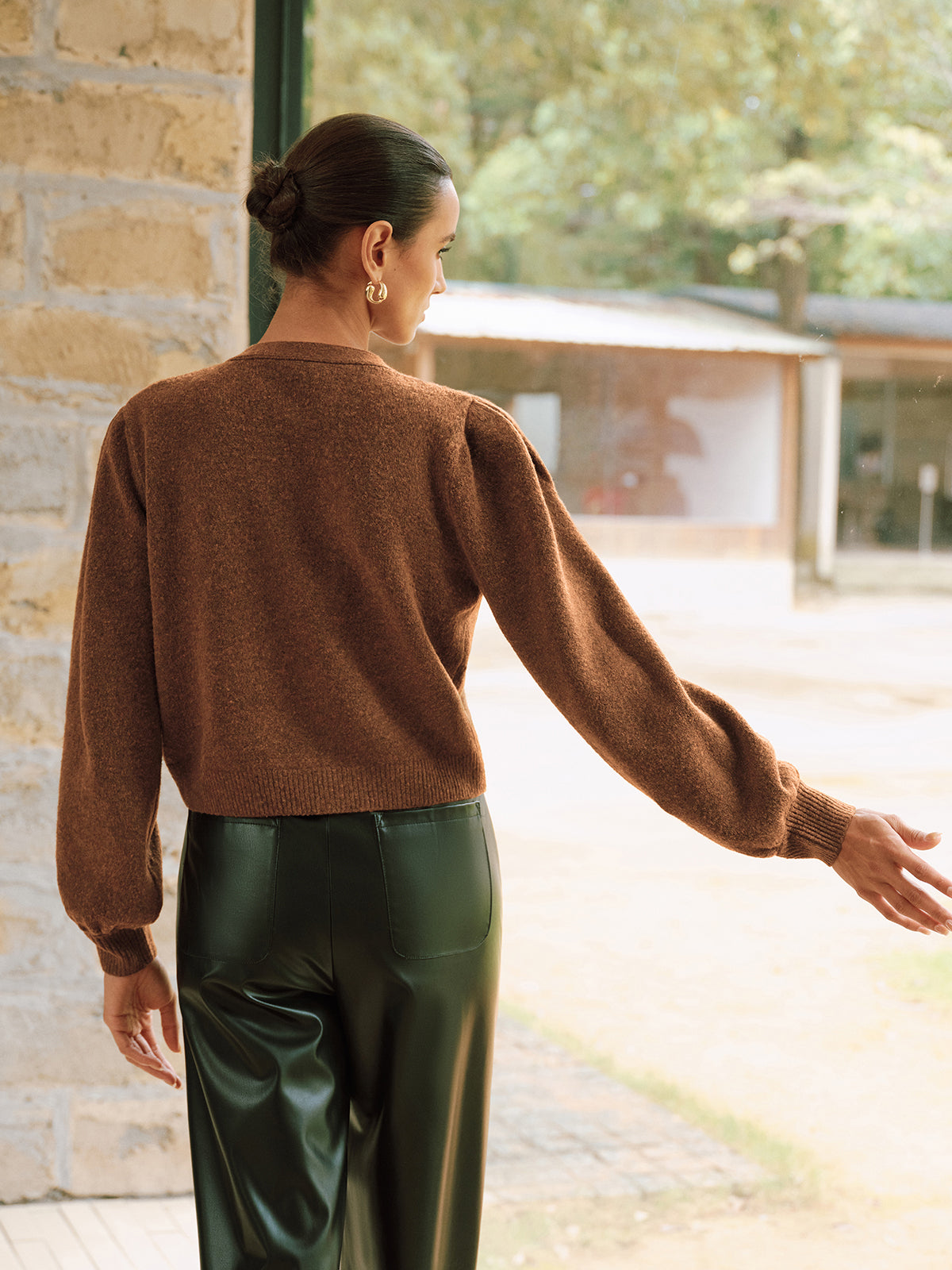 Metal Button V-Neck Knit Cardigan-Chicvia