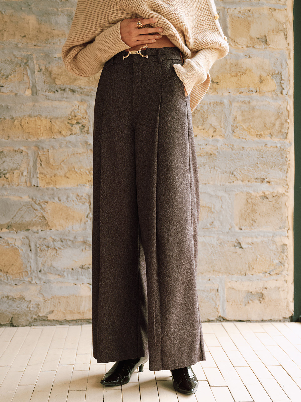 High-Waist Pleated Wide-Leg Pants-Chicvia