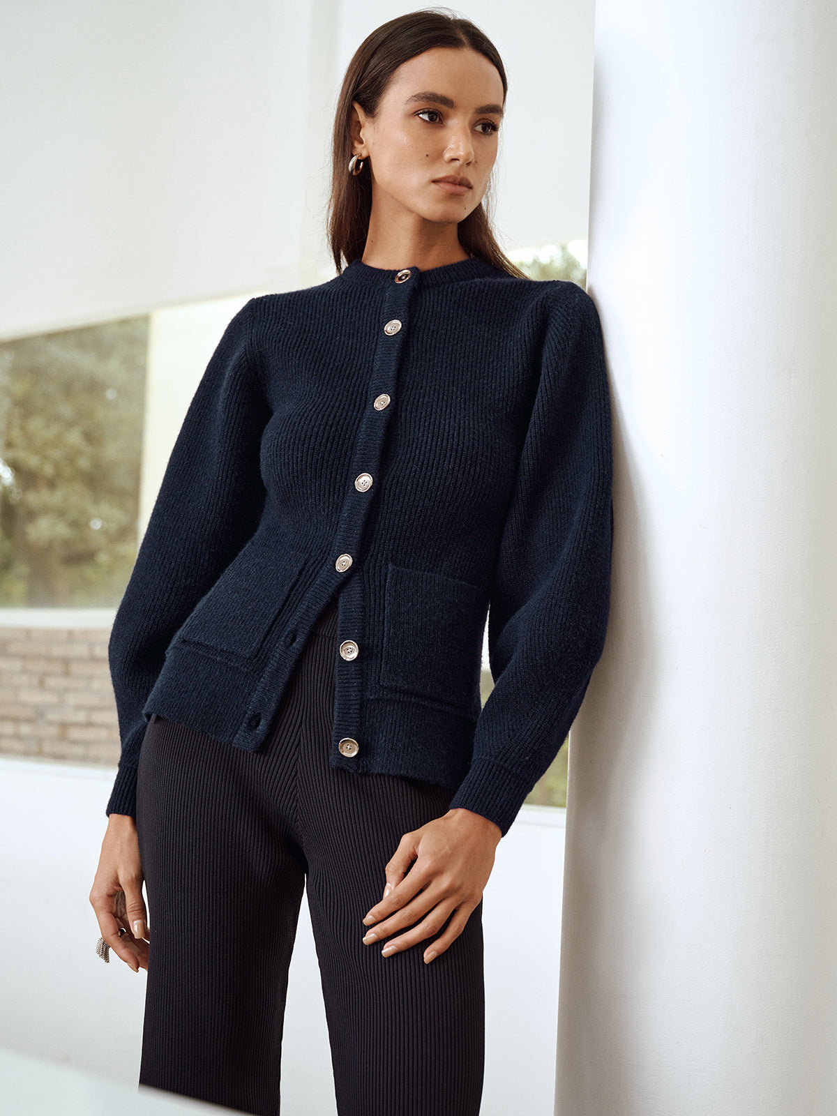 Button-Front Crew Neck Ribbed Knit Cardigan-Chicvia