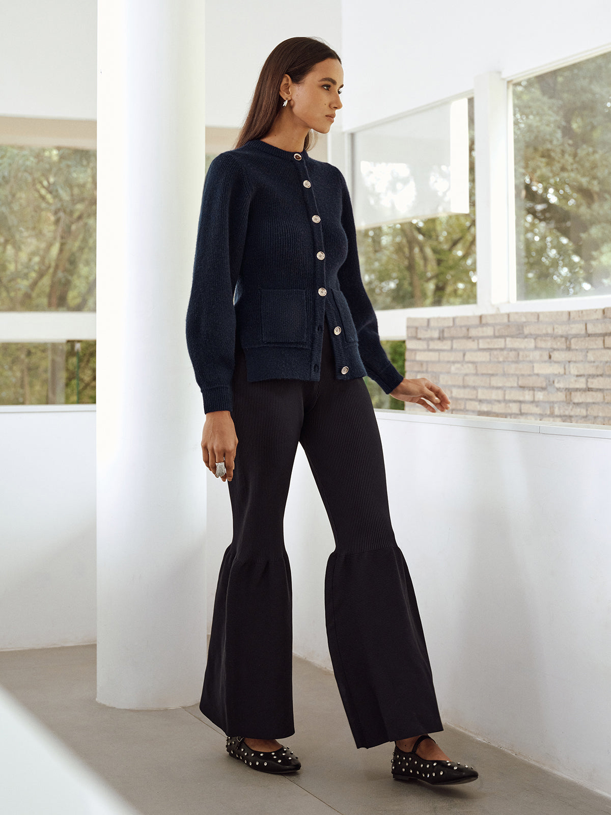 Button-Front Crew Neck Ribbed Knit Cardigan-Chicvia