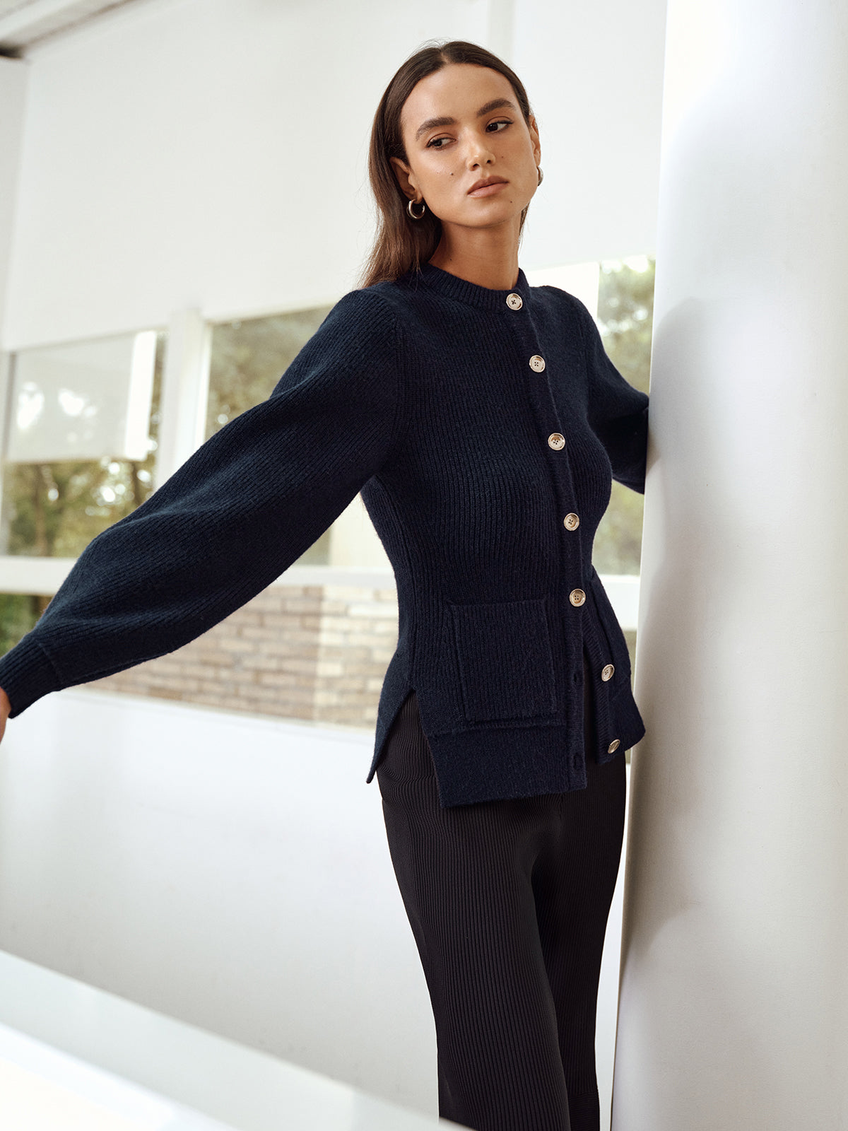 Button-Front Crew Neck Ribbed Knit Cardigan-Chicvia