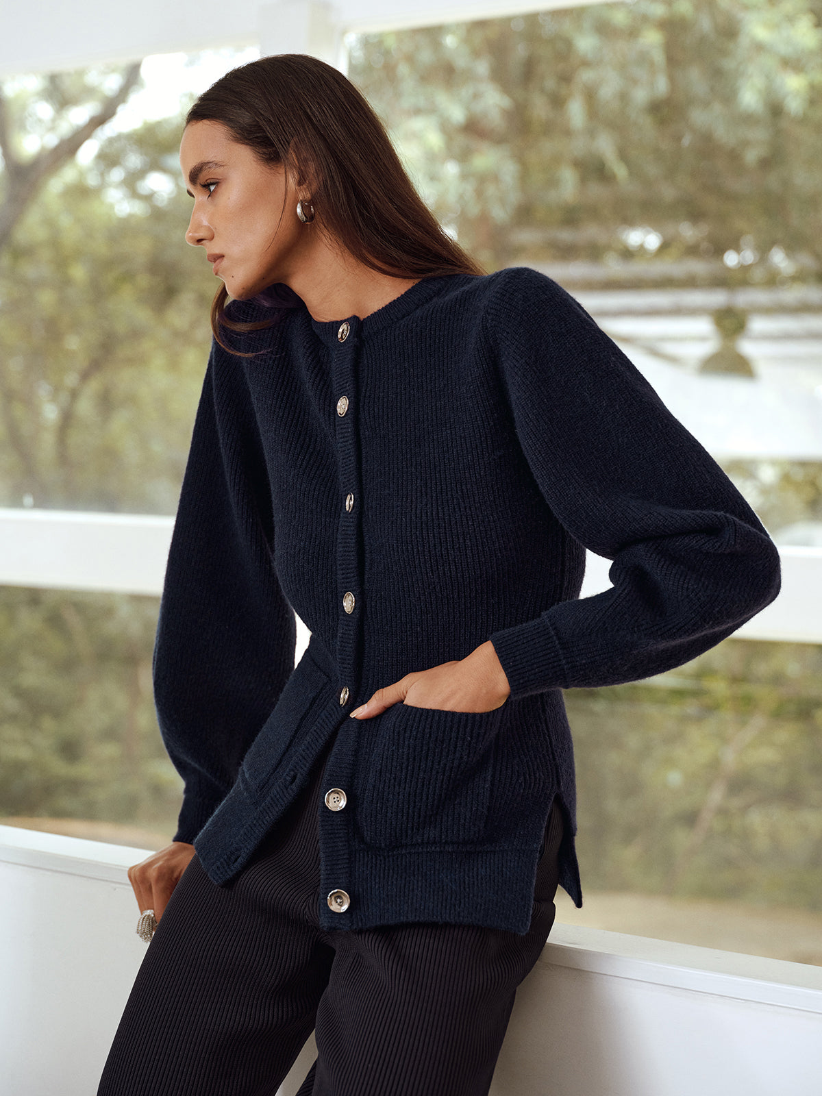 Button-Front Crew Neck Ribbed Knit Cardigan-Chicvia
