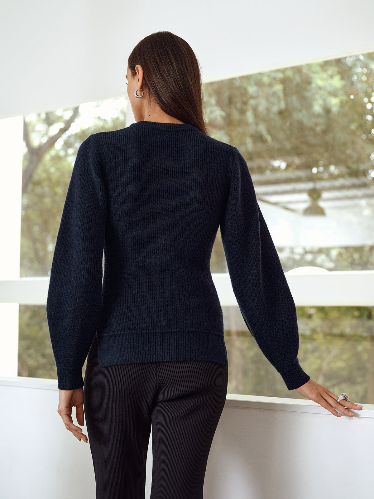 Button-Front Crew Neck Ribbed Knit Cardigan-Chicvia