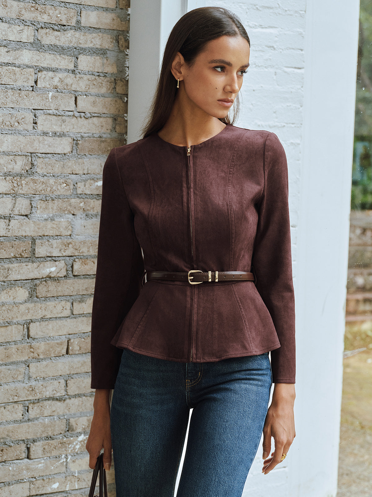 Belted Suede Effect Zipper Jacket-Chicvia