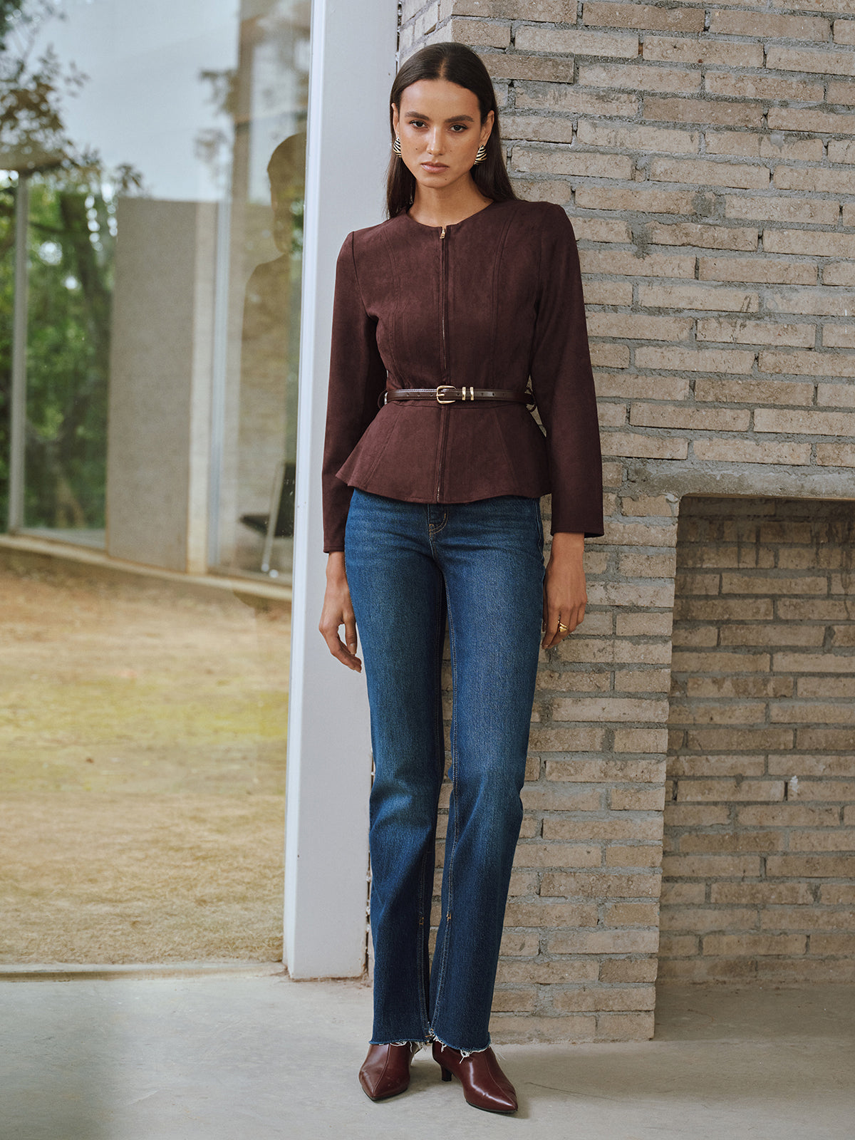 Belted Suede Effect Zipper Jacket-Chicvia