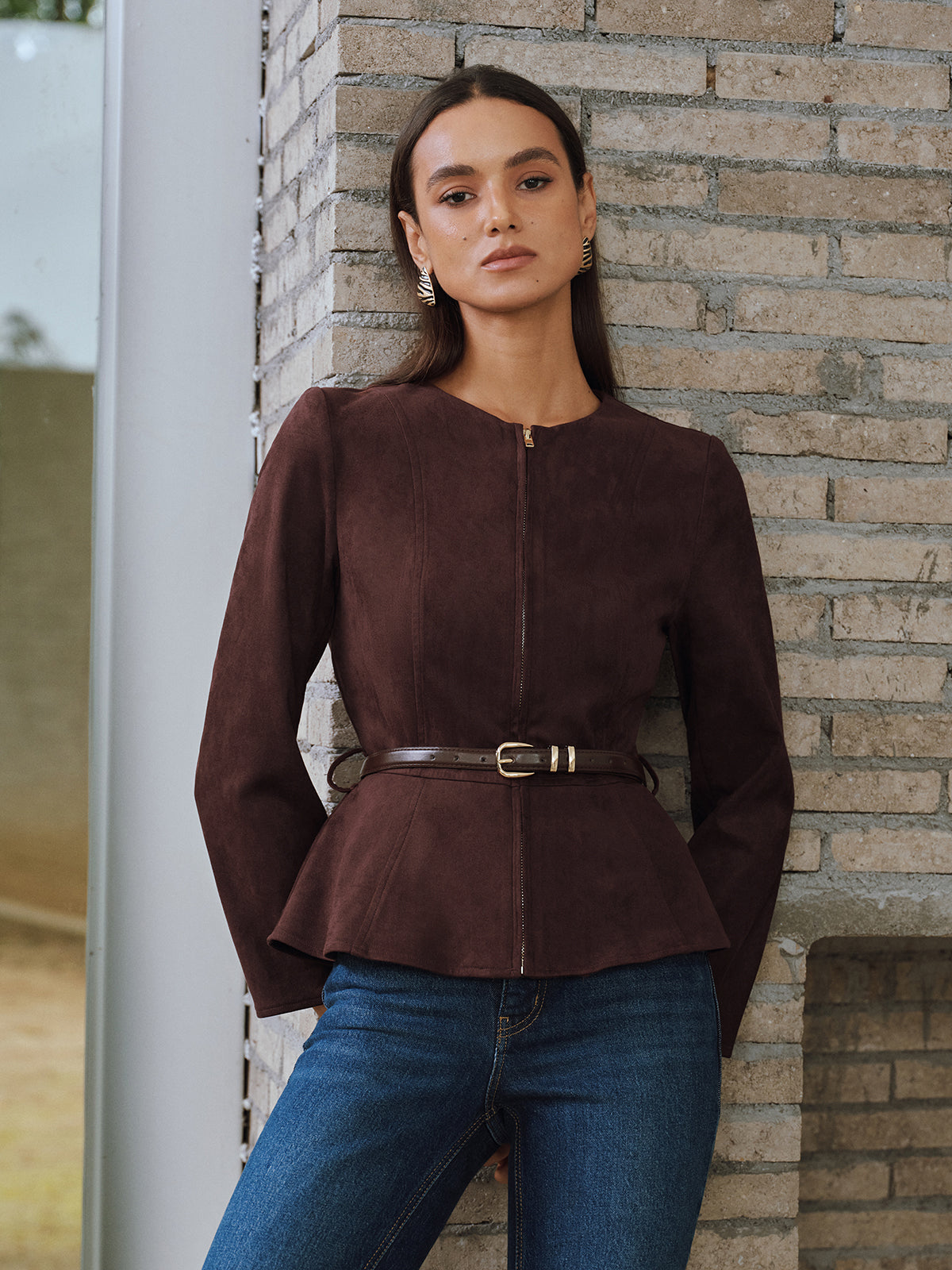 Belted Suede Effect Zipper Jacket-Chicvia