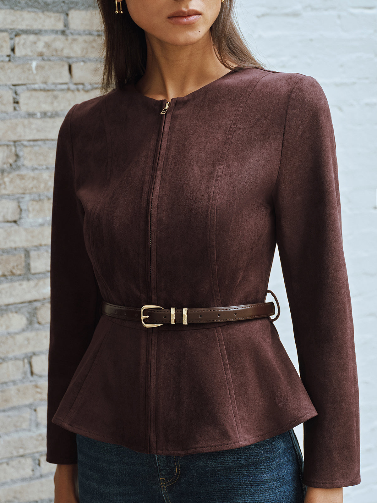 Belted Suede Effect Zipper Jacket-Chicvia