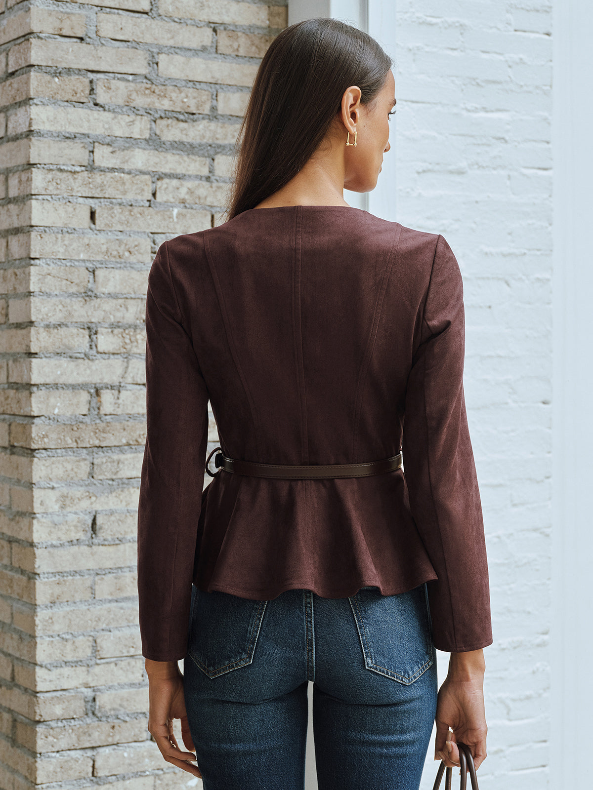 Belted Suede Effect Zipper Jacket-Chicvia
