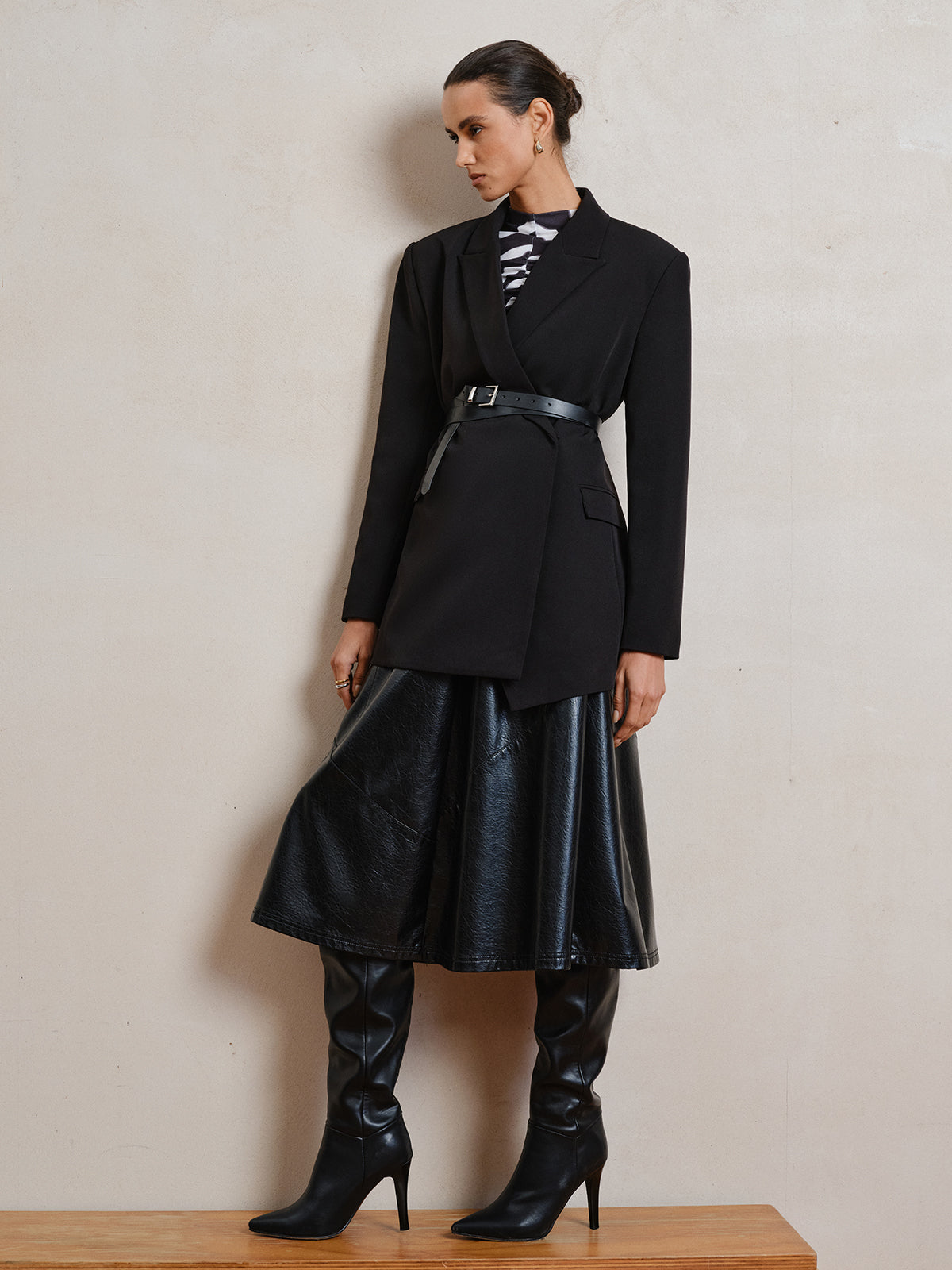 Belted Long Sleeve Lapel Blazer-Chicvia