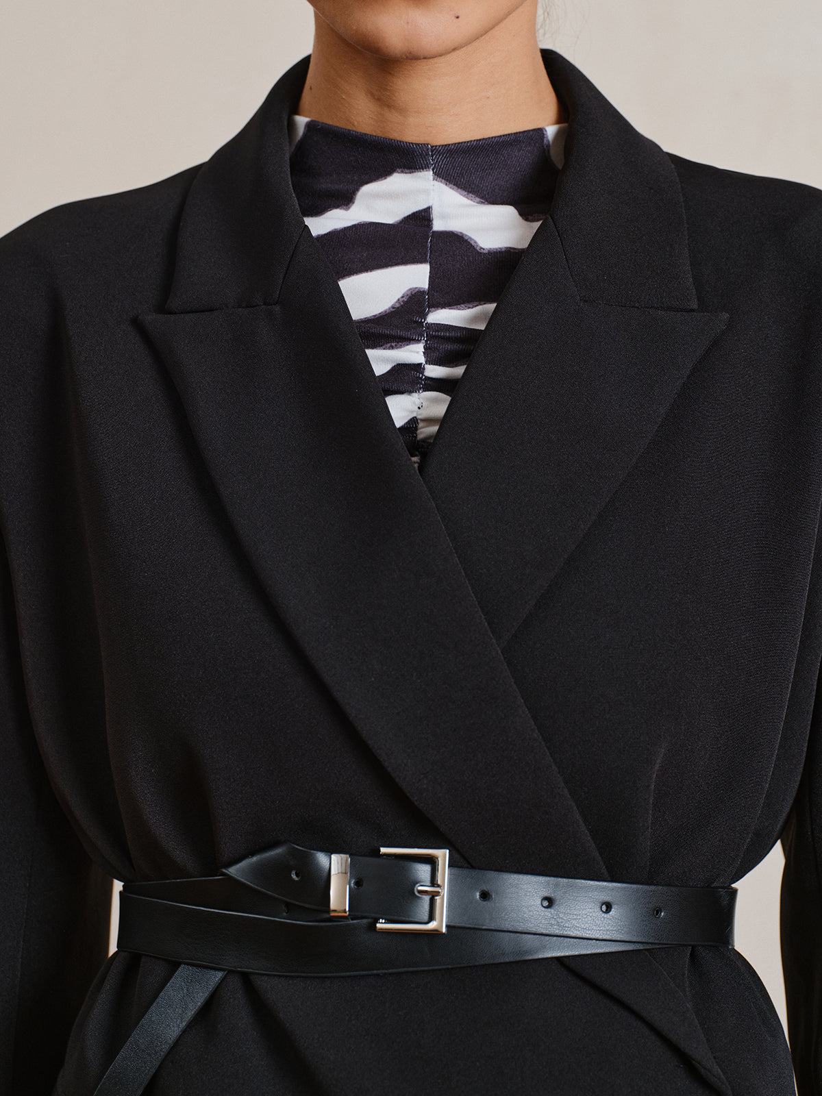 Belted Long Sleeve Lapel Blazer-Chicvia