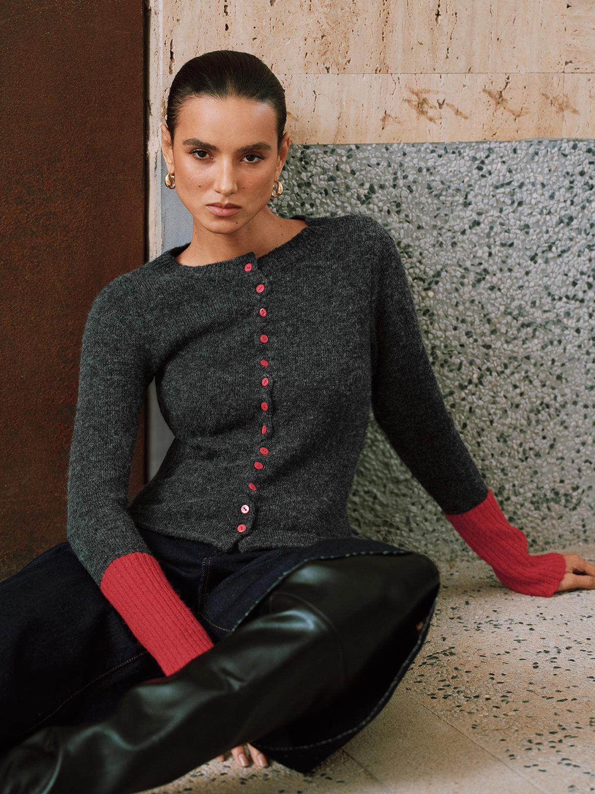 Contrast Cuff Wool-Blend Cardigan-Chicvia