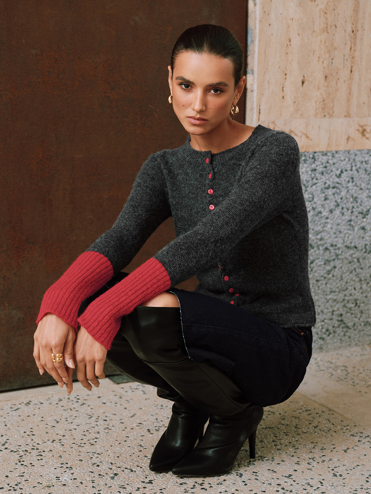 Contrast Cuff Wool-Blend Cardigan-Chicvia