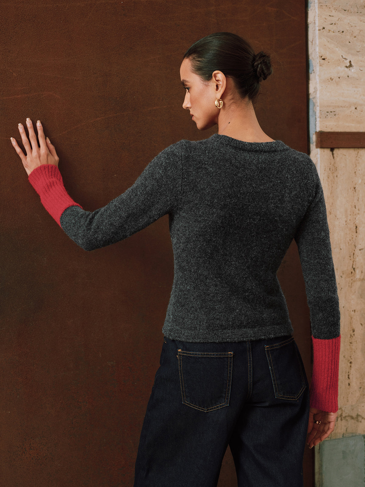 Contrast Cuff Wool-Blend Cardigan-Chicvia