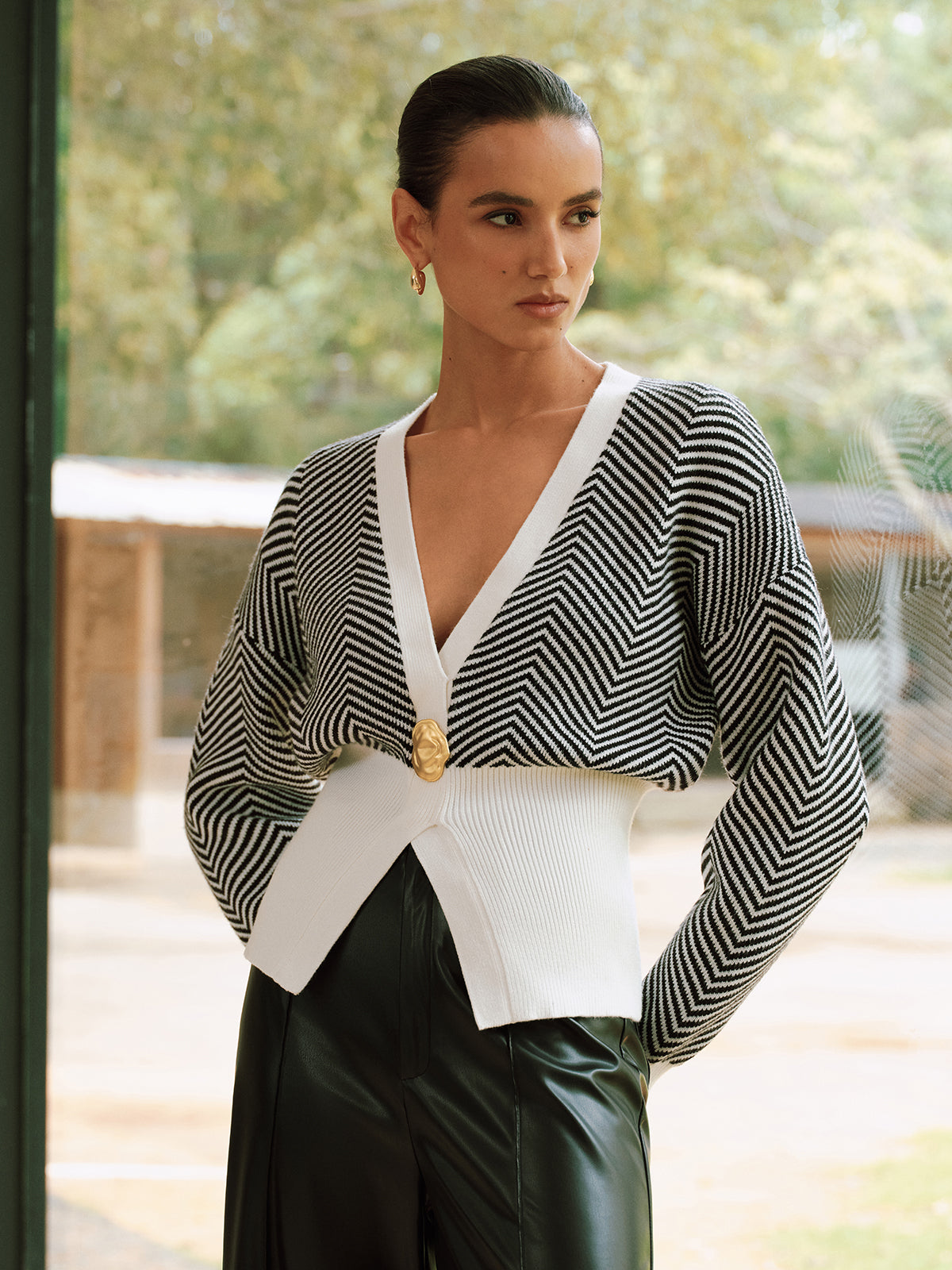 Metal Detail Chevron Knit Cardigan-Chicvia