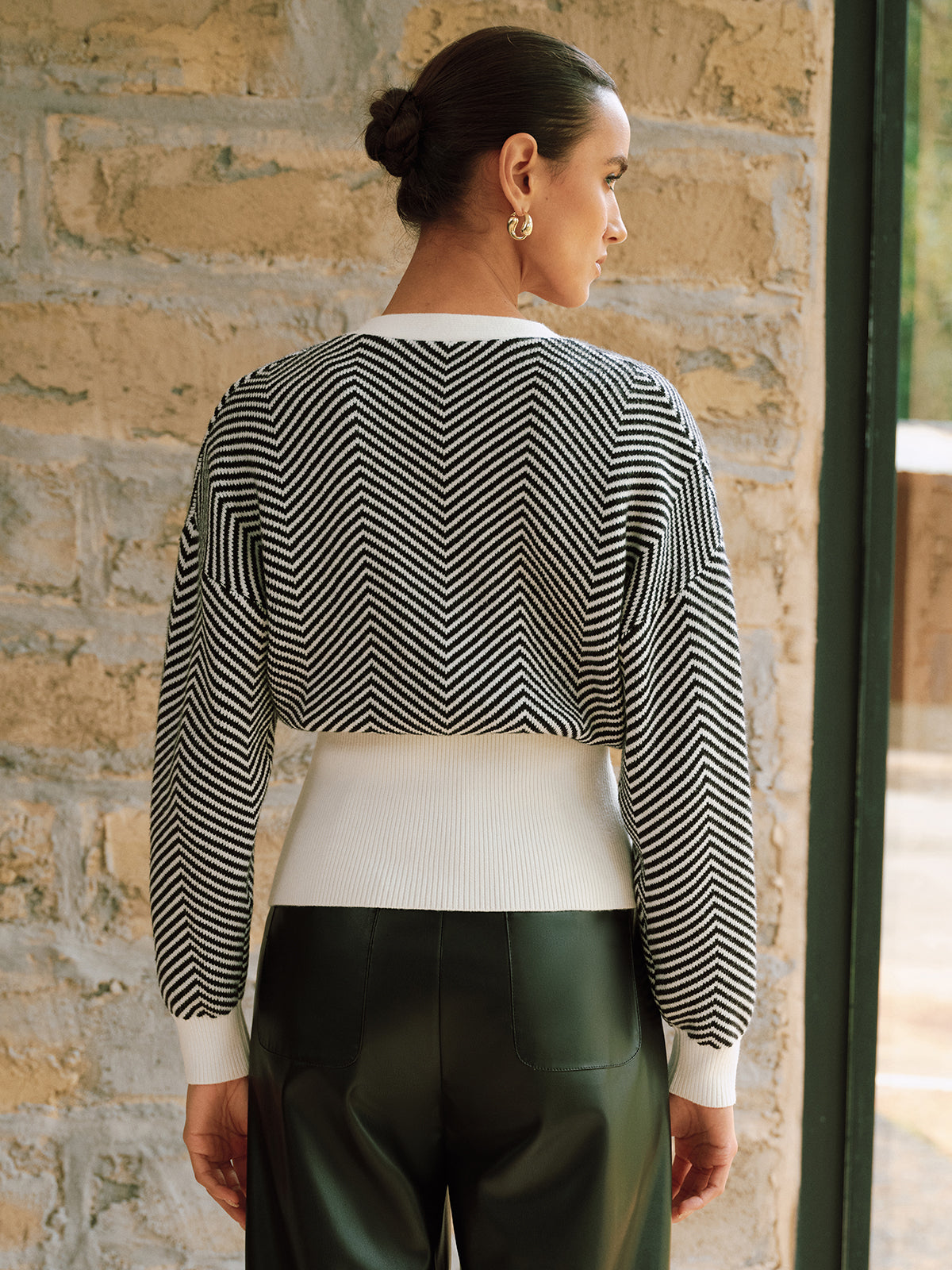 Metal Detail Chevron Knit Cardigan-Chicvia