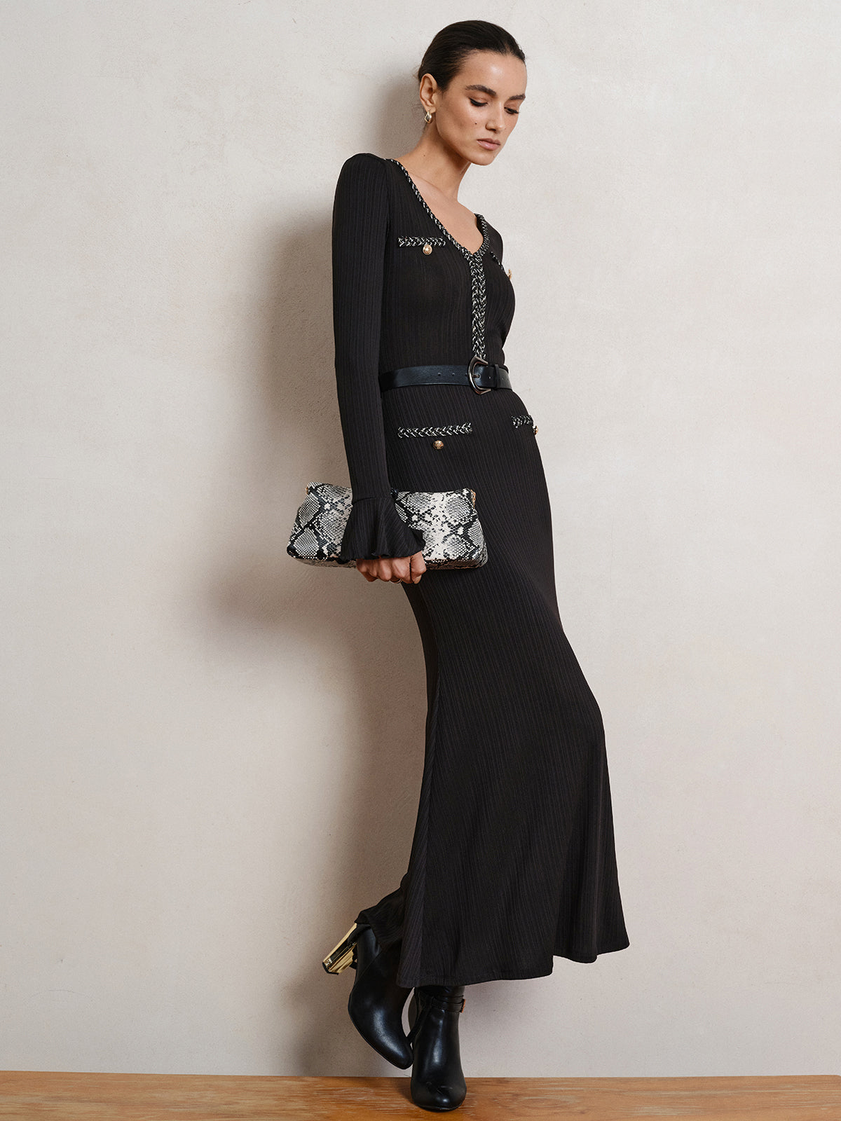 Belted V-Neck Flared Sleeve Maxi Dress-Chicvia