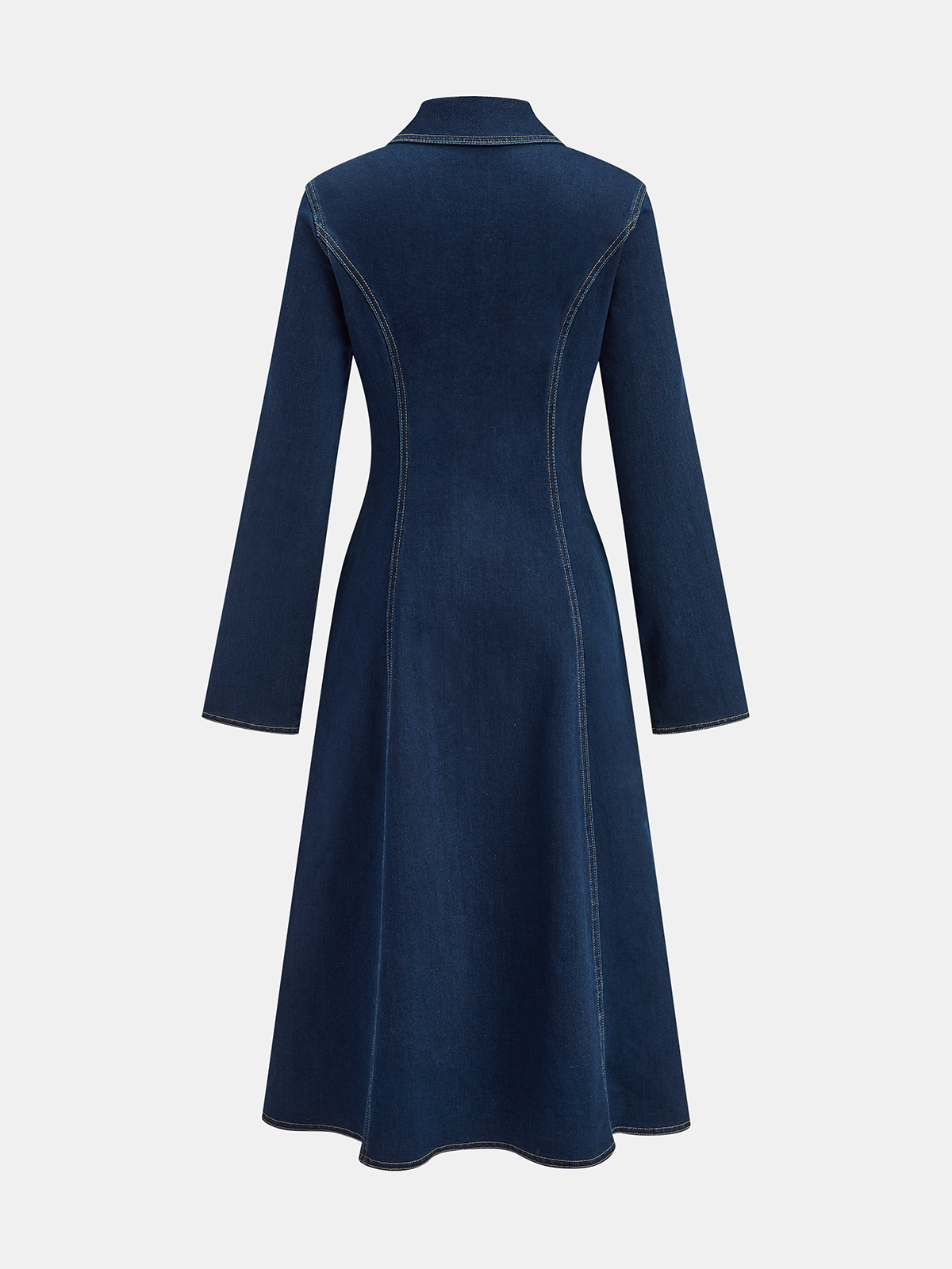 Metal Button Collared Denim Flare Dress-Chicvia