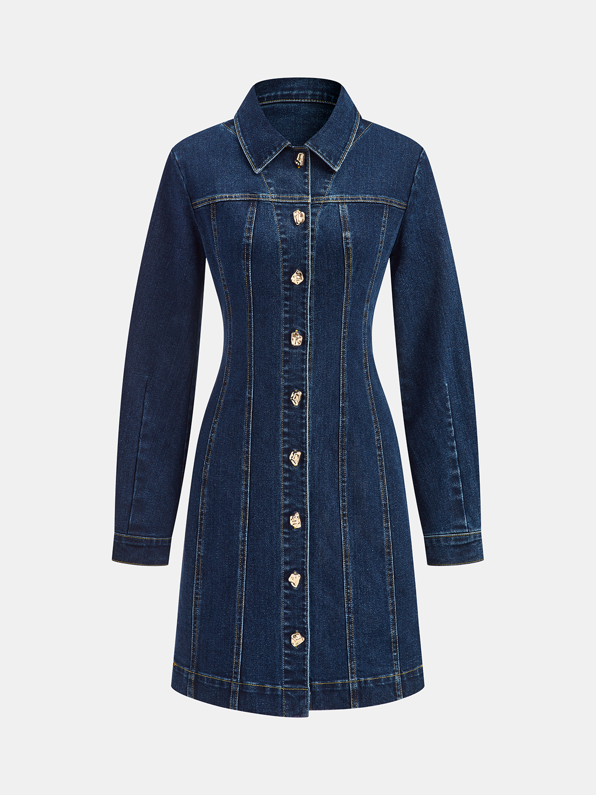 Metal Button-Front Denim Shirt Dress-Chicvia