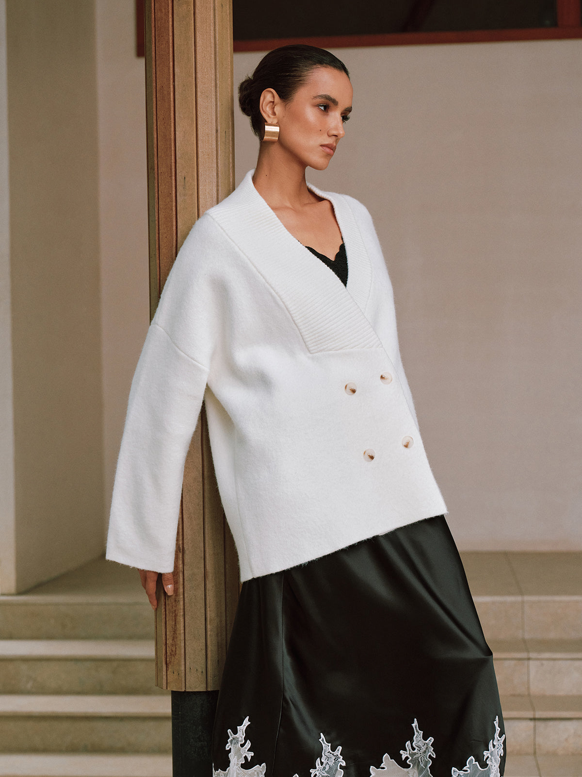 Double-Breasted Oversized Cardigan-Chicvia