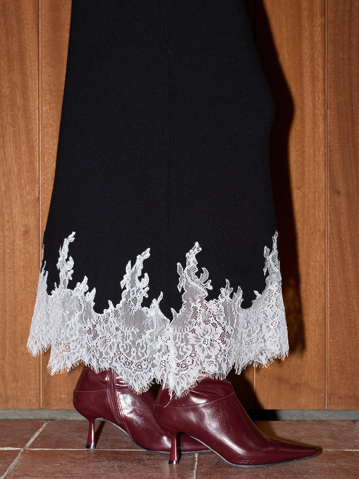 Lace Trim Knit Sweater and Maxi Skirt Set-Chicvia