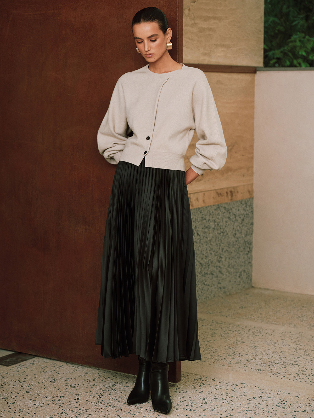 Button Detail Long Sleeve Sweater-Chicvia