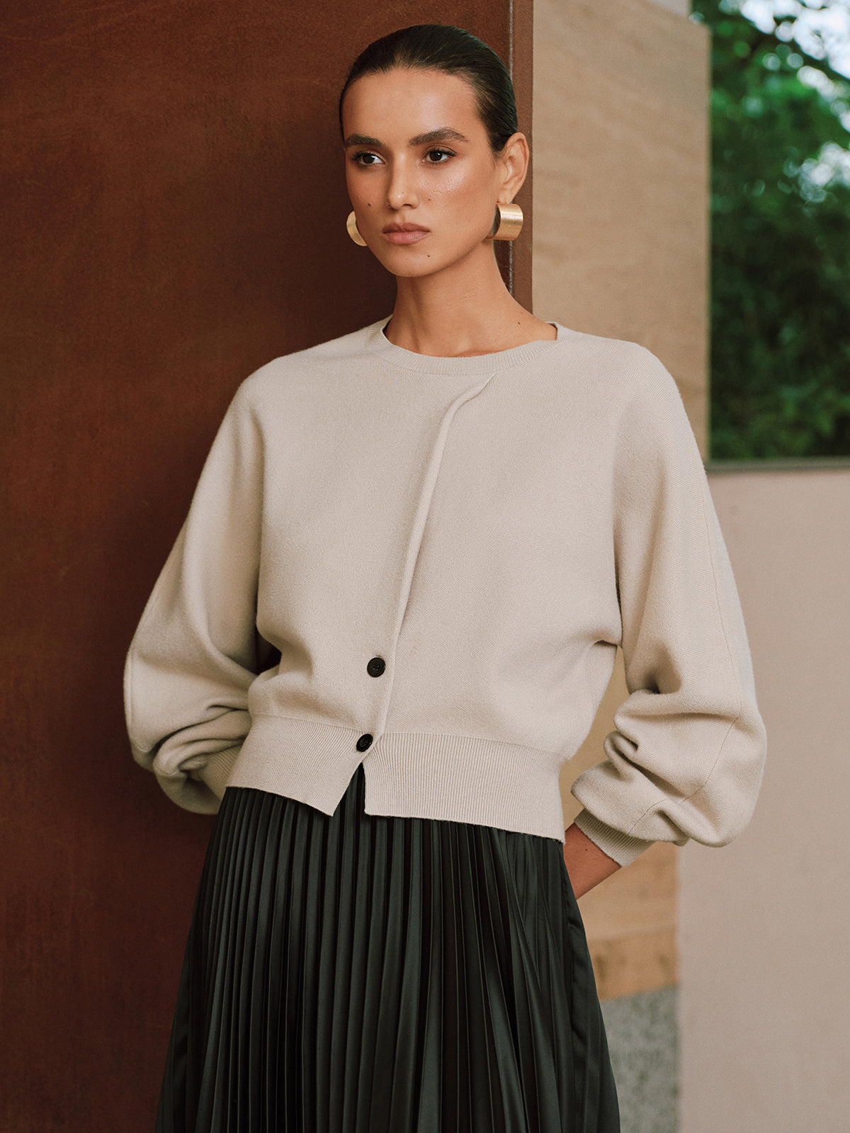 Button Detail Long Sleeve Sweater-Chicvia