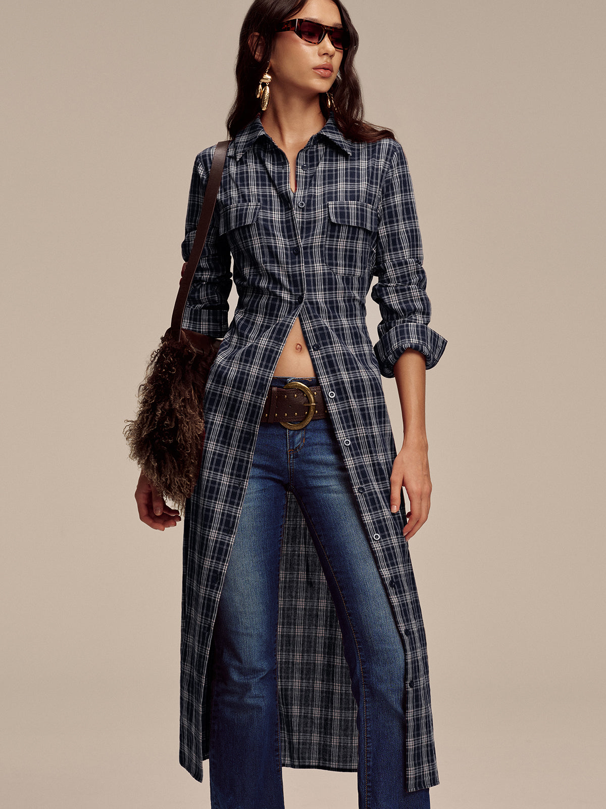 Plaid Button Front Shirt Dress-Chicvia
